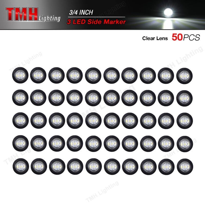 TMH 50 Pcs 3/4 Inch White Light 3 LED Clearance Markers Side Marker Indicator Lights Mini Round Front Rear 3 LED with Rubber for Truck Trailer Car Bus 12V DC - Image 2